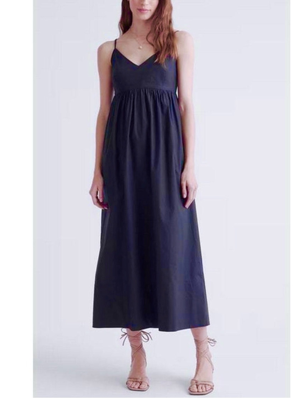 Quince Organic Cotton Sleeveless V-Neck Navy Maxi Dress, Smocked Back, S